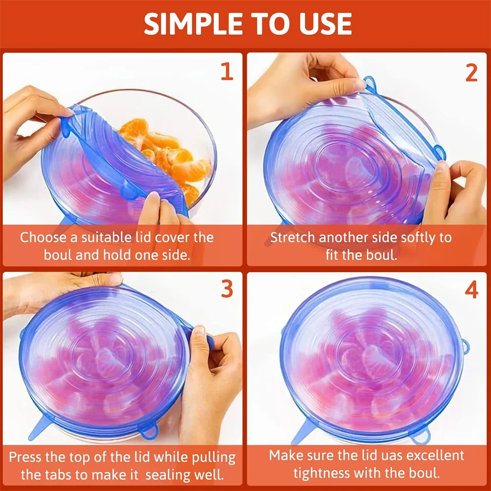 Reusable Silicone Stretch Lids for Food Storage, 6Pcs