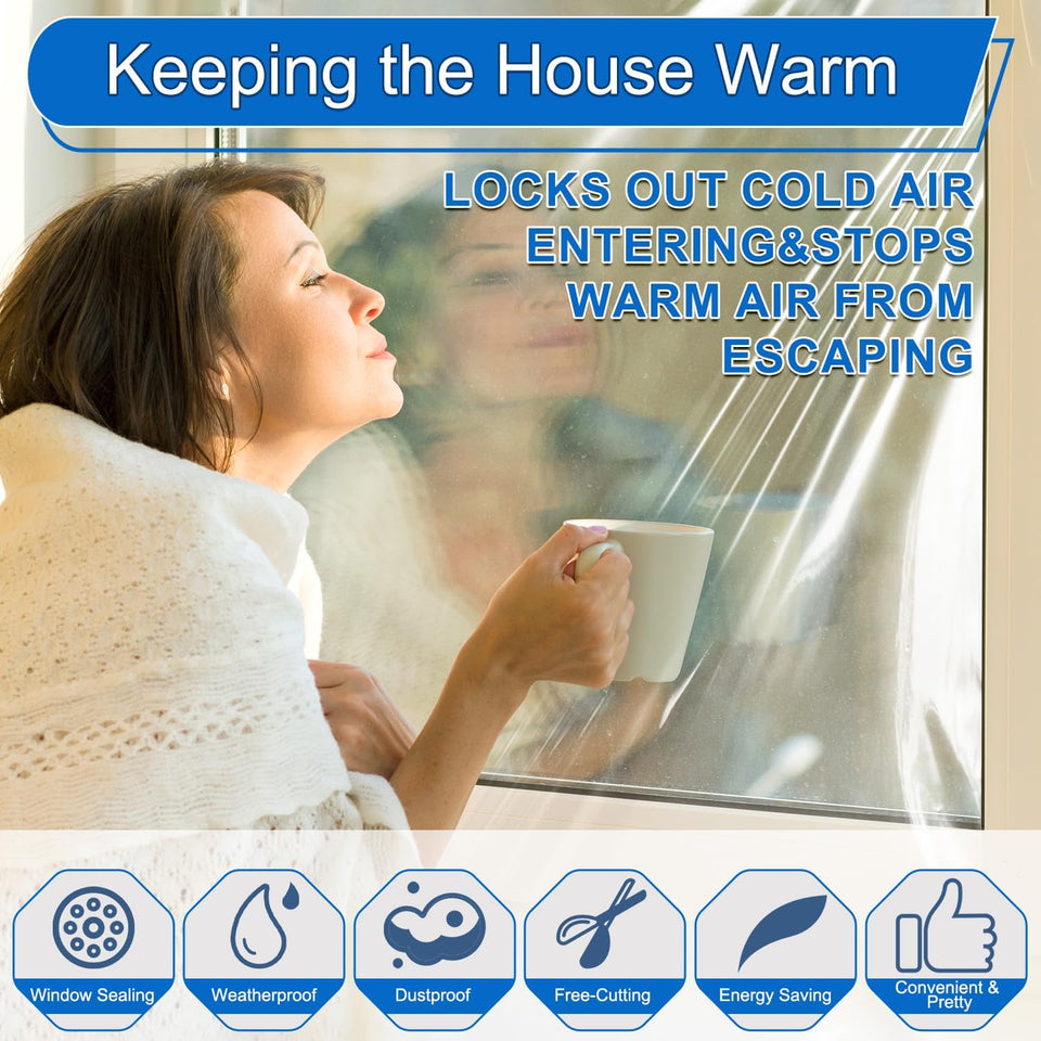 Window Insulation Kit, 63 × 394 Inch Plastic Window Covering for Winter