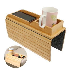 Couch Cup Holder Bamboo Wood Sofa Armrest Tray with Anti Slip Design Foldable