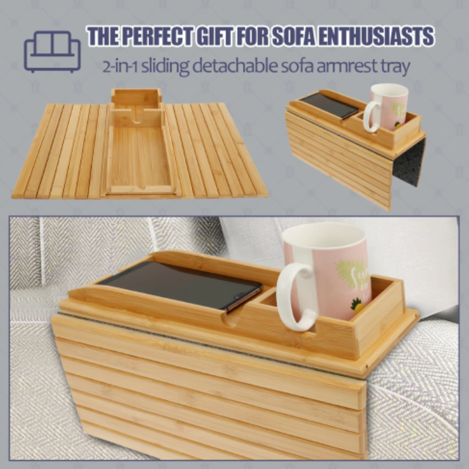 Couch Cup Holder Bamboo Wood Sofa Armrest Tray with Anti Slip Design Foldable
