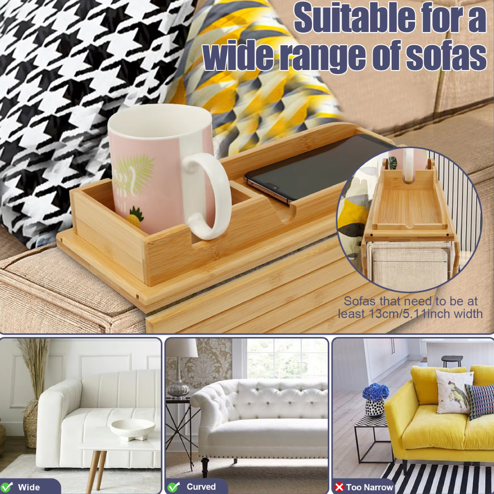 Couch Cup Holder Bamboo Wood Sofa Armrest Tray with Anti Slip Design Foldable