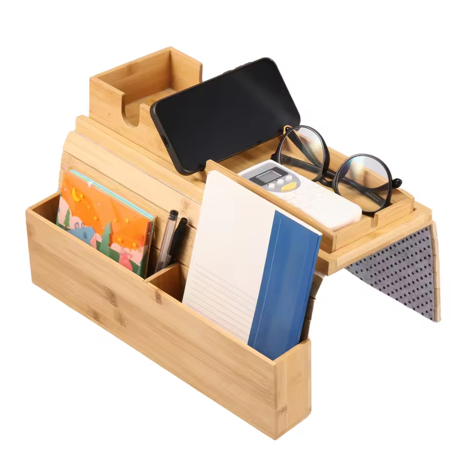 Couch Cup Holder Bamboo Wood Sofa Armrest Tray with Anti Slip Design Foldable