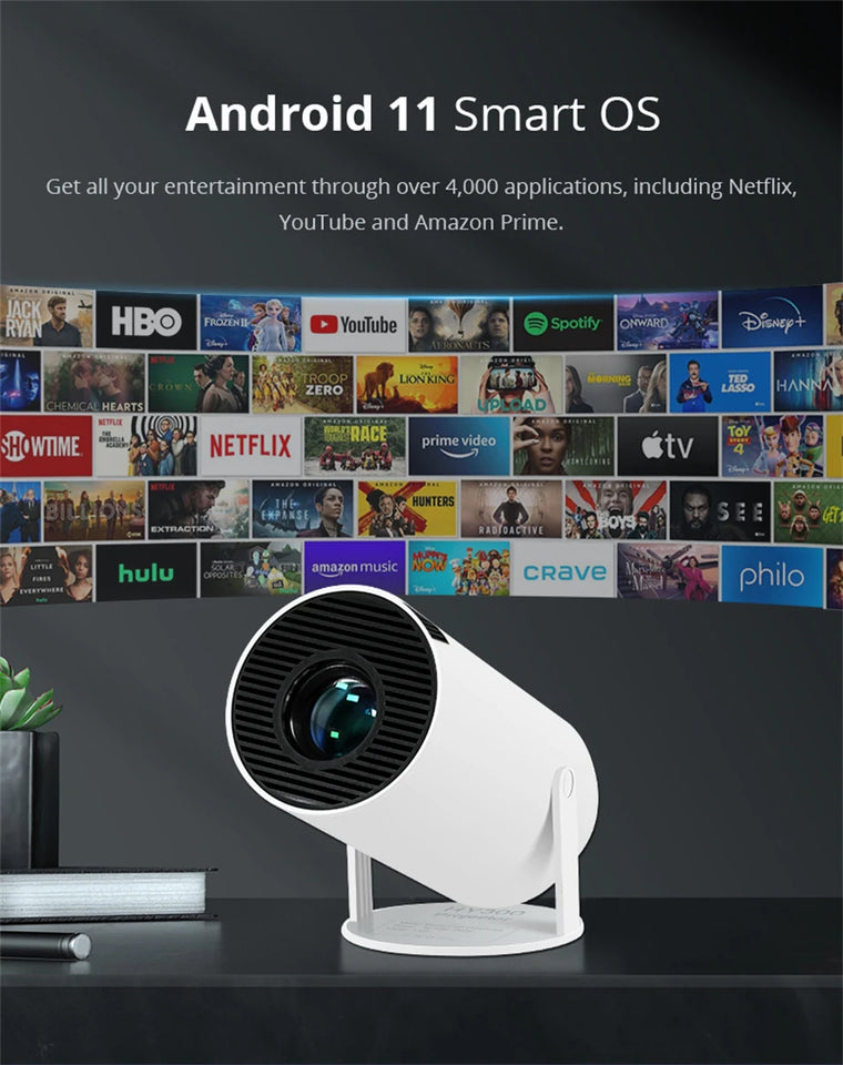 Portable Android 11 Projector WiFi 6 Bluetooth 5.0 720p Native 4K Support