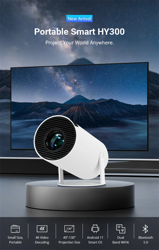 Portable Android 11 Projector WiFi 6 Bluetooth 5.0 720p Native 4K Support